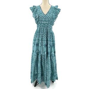 Sundance Dress Aqua Blue Print Tiered Ruffle Maxi Pockets Boho Womens Small